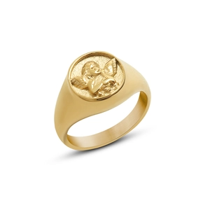 Gold angel signet ring in 18k plated stainless steel with polished cherub relief