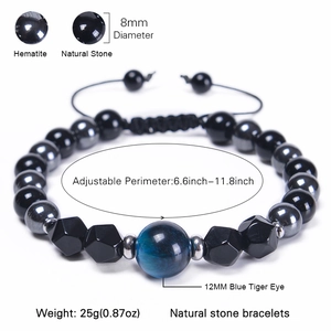 8mm faceted natural tiger eye and hematite stone beaded bracelet with adjustable cord