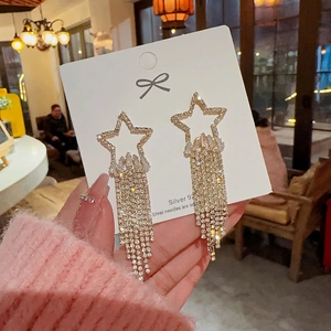 925 silver star tassel earrings with shimmering crystals and long hanging chains