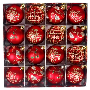 Détail d'un lot de 16 boules de Noël rouges avec motifs brillants, mats et décorés