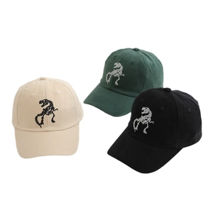 Kids baseball cap set featuring dinosaur skeleton embroidery in beige, green, and black