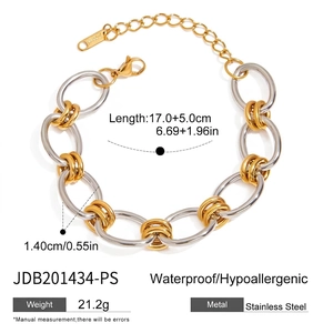 Detail of two-tone stainless steel thick chain bracelet with gold and silver links