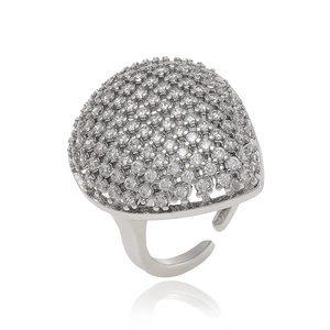 Elegante verzilverde koepelring met micro-pave zirkonia en verstelbare open ringband