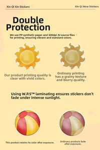 Detail comparison showing 300dpi printing quality and sun protection on beach stickers