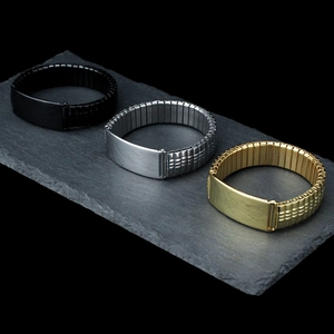 Men's stainless steel stretch watch band bracelet set in black, silver, and gold colors