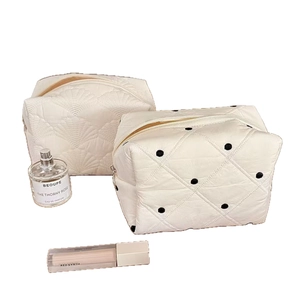 Lot de deux trousses de maquillage matelassées à pois pour rangement de voyage portable