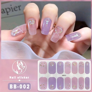 Detail of BB-002 5D gel nail stickers with purple gradient, gold hearts and pearls