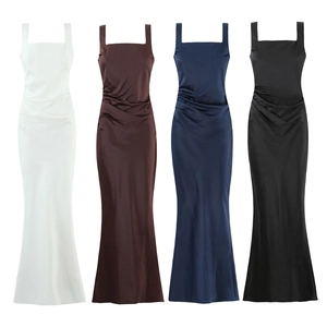 Elegant satin floor-length evening dresses with ruched waist in white, brown, blue and black