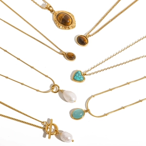 Vintage 18K Gold Plated Stainless Steel Tiger Eye Pendant Necklace For Women Retro Heart Turquoise Artificial Pearl Jewelry