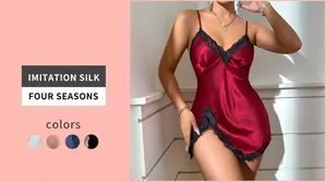 Elegant dark red satin nightgown with black lace trim and thin straps for women