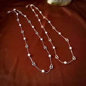 French Vintage Long Necklace With Imitation Artificial Pearls And Pig Nose Links Gold Plated Copper Elegant Jewelry For Women