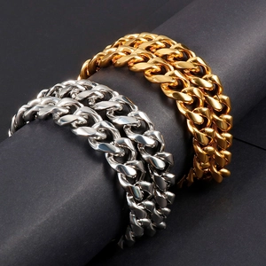Polished gold and silver stainless steel Cuban link necklaces with dragon clasp for men