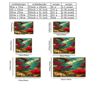 Size guide for birch forest wall tapestry showing five dimensions and weights in metric units