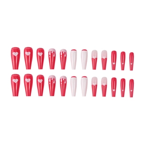 Long coffin press-on nails with red heart patterns and fluid designs in 24-piece set