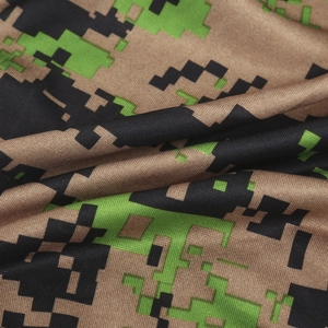 Macro view of digital camouflage fabric with breathable knit texture and pixelated pattern