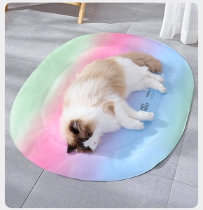 Ragdoll cat resting on rainbow gradient cooling pet mat with soft macaron colors