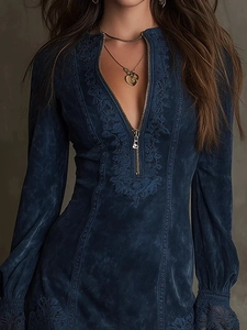 Slim fit V-neck long sleeve dress in navy blue with lace embroidery and zipper detail