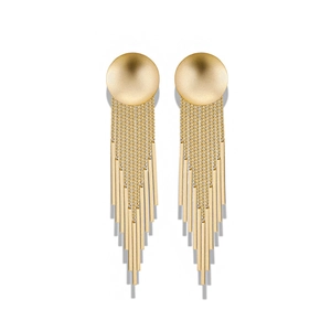 Elegant gold-tone long fringe tassel drop earrings with a matte circular stud and fluid drapes