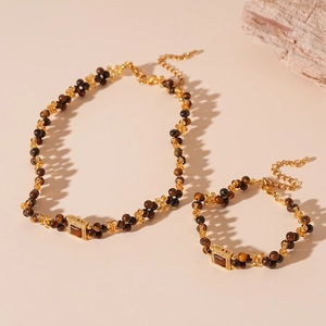 Tiger eye bead necklace and bracelet set with square zircon pendant in retro gold finish