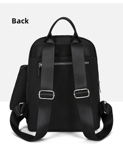 Sac à dos décontracté en nylon noir vue détaillée avec bretelles réglables et poche.
