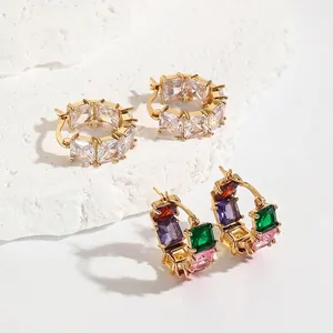 Elegant gold square zircon hoop earrings set with clear and multicolor gemstones