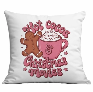 Christmas pillow cover with Hot Cocoa & Christmas Movies print on white fabric