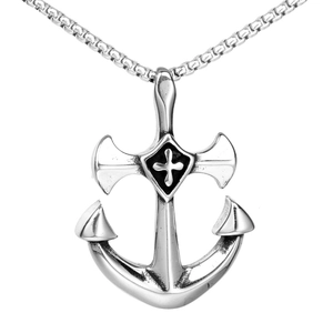 Polished stainless steel men's anchor necklace with cross detail on white background