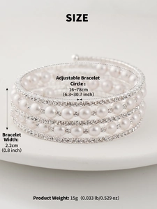 Detail showing dimension 2.2cm and multi-layer stretch bracelet with pearls and rhinestones