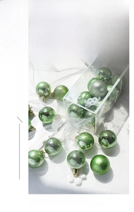 Detail of emerald green Christmas ornaments set in matte and embossed finishes