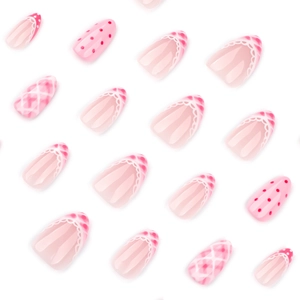 Minimalist almond press-on nails featuring strawberry pink lace and checkered patterns