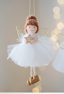 Close-up of white mesh skirt and golden wings on a plush Christmas angel ornament