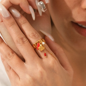 Stainless Steel Open Ring With Shell Artificial Pearl And Red Tassel Charms Ocean Vacation Style Waterproof Jewelry For Women