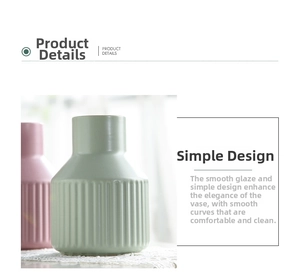 Detail showing vertical ribbed textures on pink and green ceramic vases for home decor