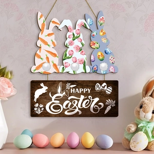 Rustic wooden Easter bunny hanging sign with Happy Easter text and colorful egg decor