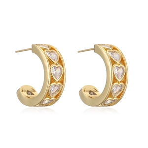 18K gold plated C-shaped hoop earrings with heart-cut cubic zirconia inlays