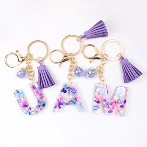 Transparent Resin Alphabet Keychain With Colorful Crushed Stones Purple Suede Tassel Gold Metal Keyring For Women Bag Charm