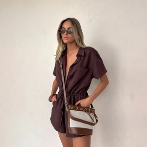 Women's dark brown short sleeve linen romper with collar and waist drawstring tie