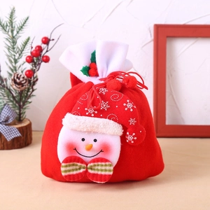 Christmas snowman drawstring gift bag made of plush red fabric for festive candy packaging