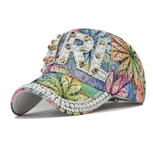 Women Baseball Cap Rhinestone Artificial Pearl Embellished Floral Print Cotton Adjustable Outdoor Sun Hat Luxury Fashion Accessory