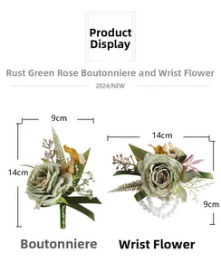 Detailed set of rust green silk rose boutonniere and wrist corsage with pearl beads