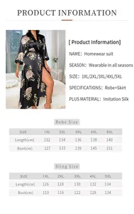 Size chart for plus size floral imitation silk long nightgown and robe sleepwear set