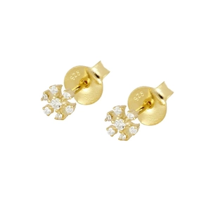 Detail shot of gold-plated 925 silver flower earrings with sparkling cubic zirconia crystals