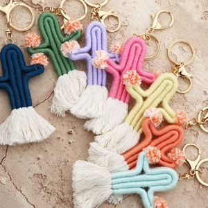 Handmade woven cotton rope cactus keychain with multi-color tassels and golden metal clasp