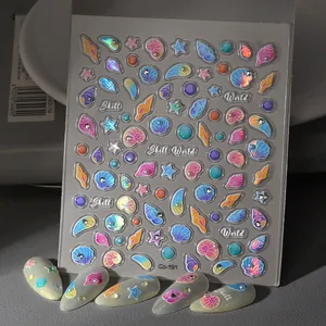 Detailed 5D sea life nail art stickers with starfish, shells and 3D textured pearls