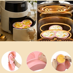 Macro details of pink 3-cavity silicone cake mold showing heat flow and soft texture