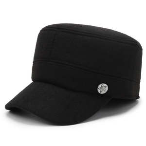 Winter men's flat top military cap in black wool with silver star badge and ear protection