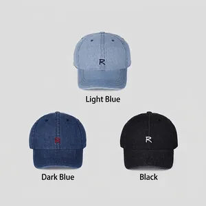 Adjustable denim baseball cap with R letter embroidery in black, light and dark blue