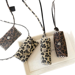 Leather leopard print pendant necklace in envelope and cylinder bag shapes for women