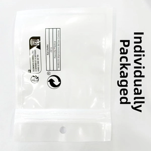 Detailed view of clear PP plastic self-sealing bag with round hanging hole and recycling logo
