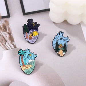 Creative heart shaped alloy enamel pins with colorful nature landscapes for clothing and bags